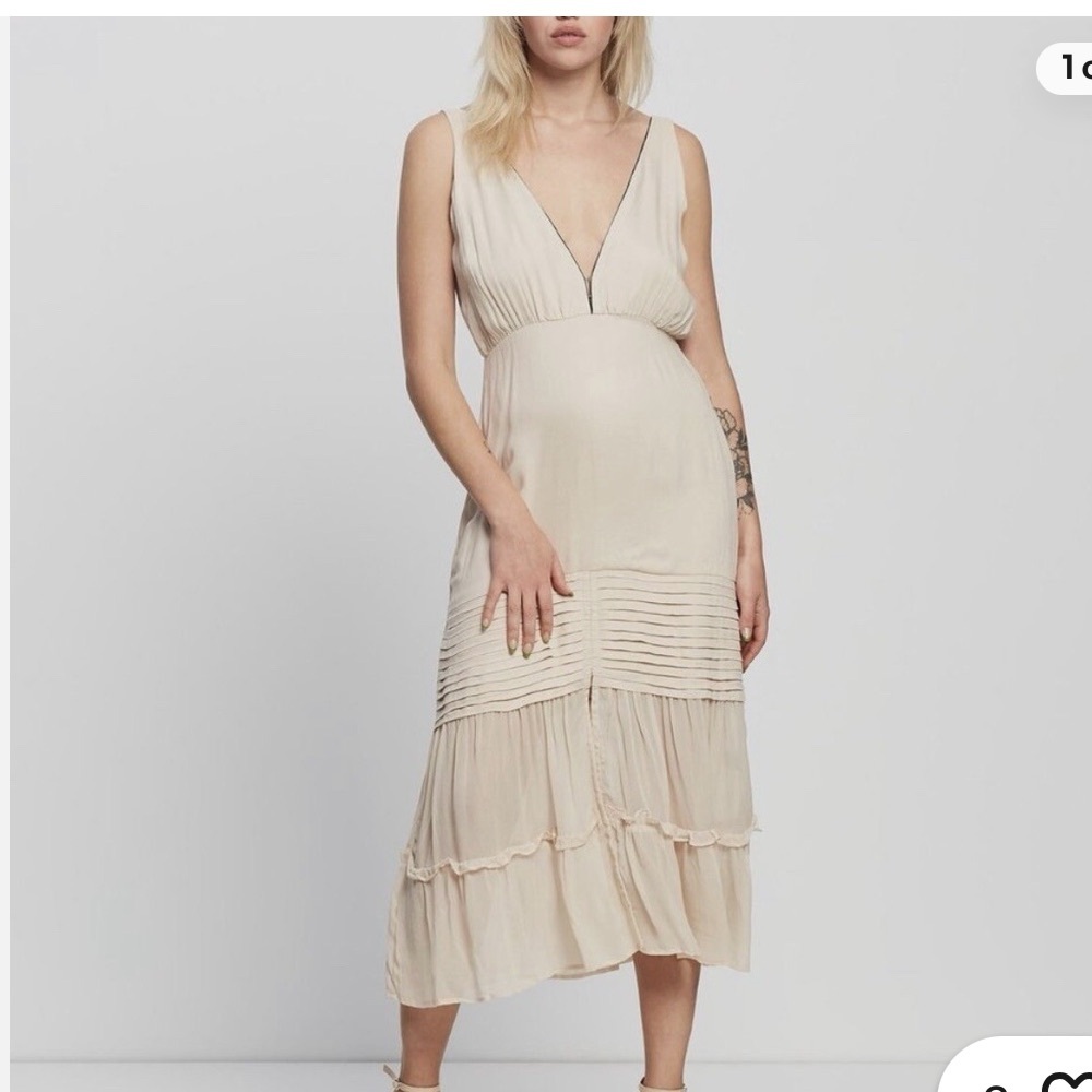 NWOT Aura The Label Lauren Midi Dress Plunging V Neck Cream Large Slit Boho Chic